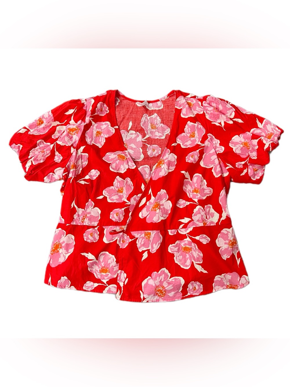 Old Navy 100% Cotton Red Floral V-Neck Tie Wrap Top US Women’s XL EUC